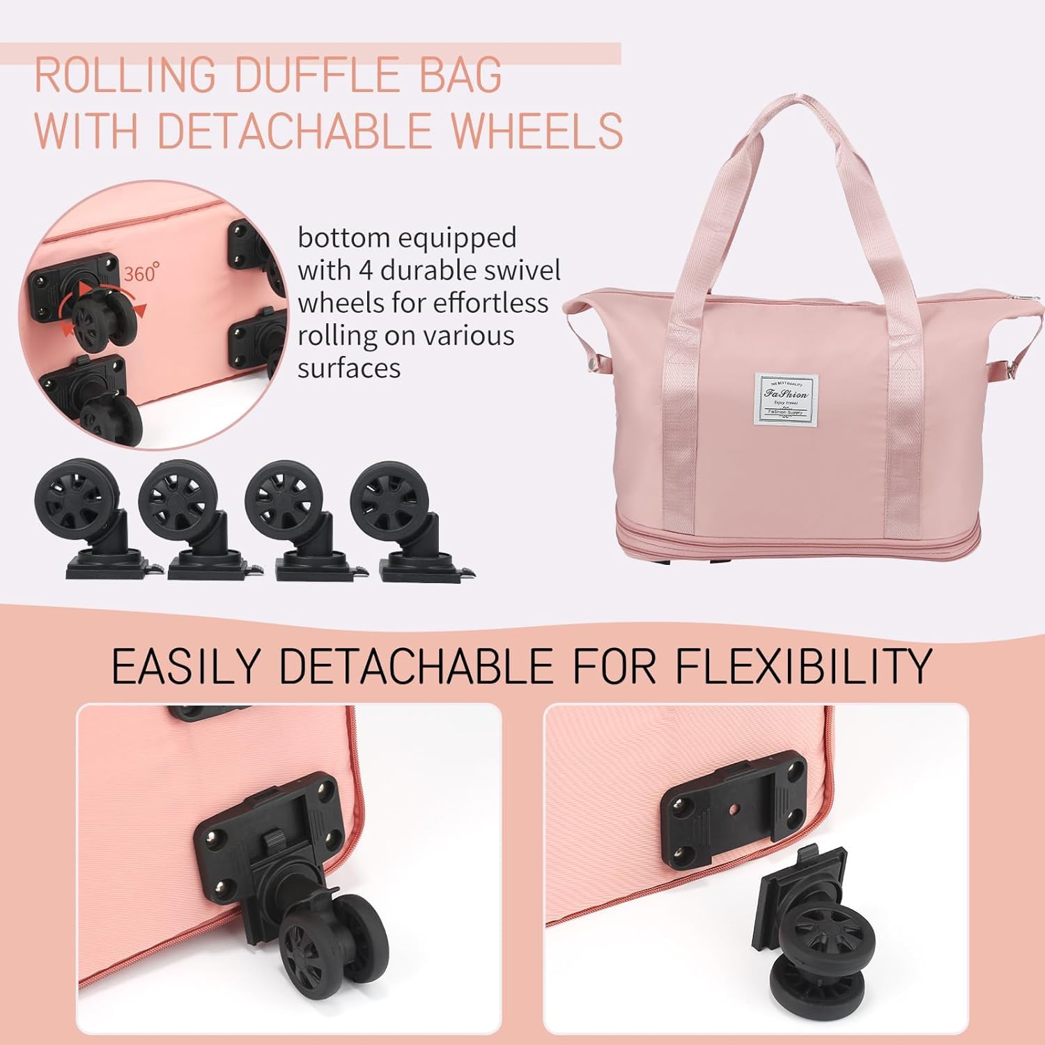 LIGHTNIING HAMMERZ Rolling Duffle Bag with Wheels, Expandable Foldable Duffle Bag with Handle for Travel, Wheeled Travel Luggage Bag Carry on Duffel Bag, Black