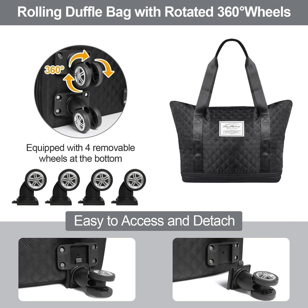 LIGHTNIING HAMMERZ Rolling Duffle Bag with Wheels, Expandable Foldable Duffle Bag with Handle for Travel, Wheeled Travel Luggage Bag Carry on Duffel Bag, Black