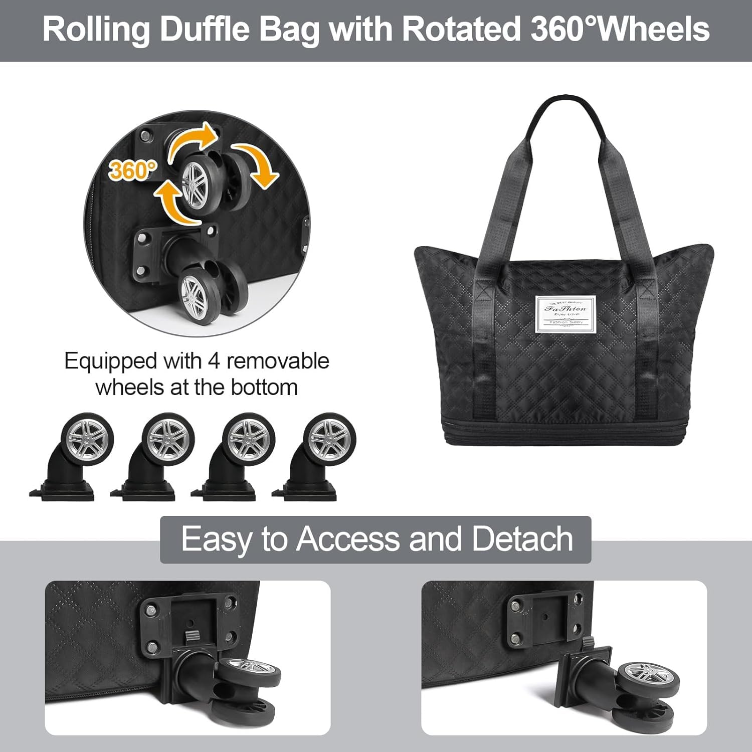 LIGHTNIING HAMMERZ Rolling Duffle Bag with Wheels, Expandable Foldable Duffle Bag with Handle for Travel, Wheeled Travel Luggage Bag Carry on Duffel Bag, Black