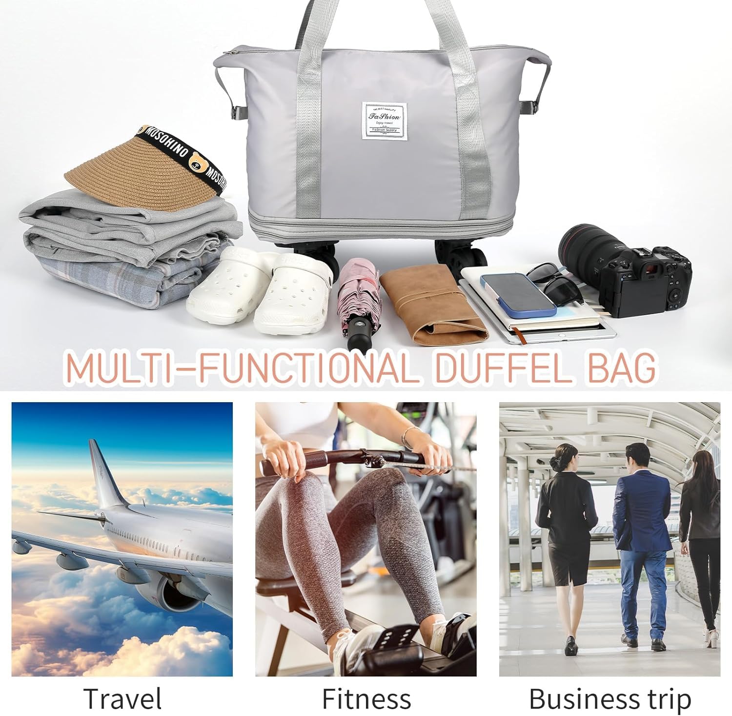 LIGHTNIING HAMMERZ Rolling Duffle Bag with Wheels, Expandable Foldable Duffle Bag with Handle for Travel, Wheeled Travel Luggage Bag Carry on Duffel Bag, Black