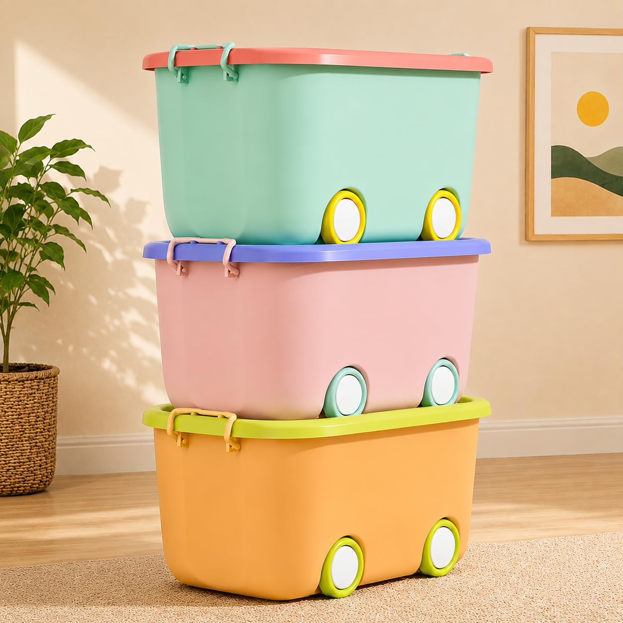 JD FRESH 25 Litre Rolling Toy Storage Box/Colorful Car-Shaped Kids Toy Storage Organizer/Large Size Plastic Storage Box with Wheels & Handle/Stackable Storage Container Box (Pack of 3, Multicolor)