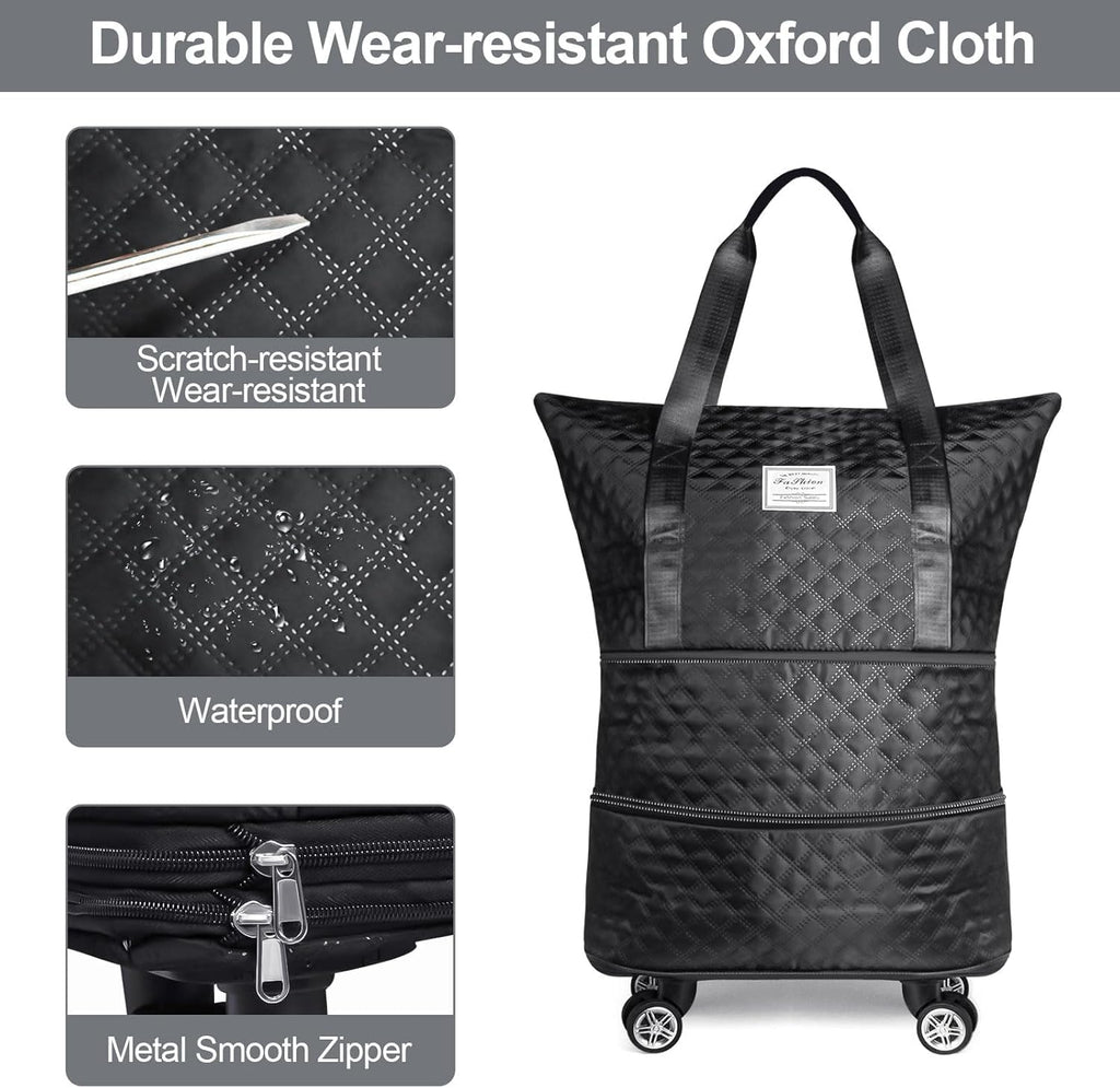 LIGHTNIING HAMMERZ Rolling Duffle Bag with Wheels, Expandable Foldable Duffle Bag with Handle for Travel, Wheeled Travel Luggage Bag Carry on Duffel Bag, Black
