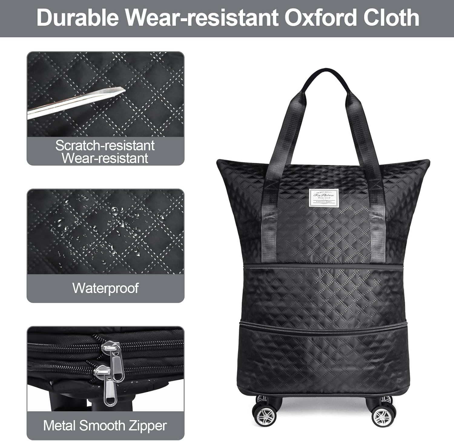 LIGHTNIING HAMMERZ Rolling Duffle Bag with Wheels, Expandable Foldable Duffle Bag with Handle for Travel, Wheeled Travel Luggage Bag Carry on Duffel Bag, Black