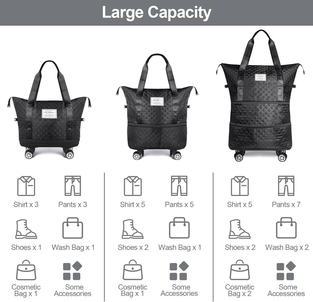 LIGHTNIING HAMMERZ Rolling Duffle Bag with Wheels, Expandable Foldable Duffle Bag with Handle for Travel, Wheeled Travel Luggage Bag Carry on Duffel Bag, Black