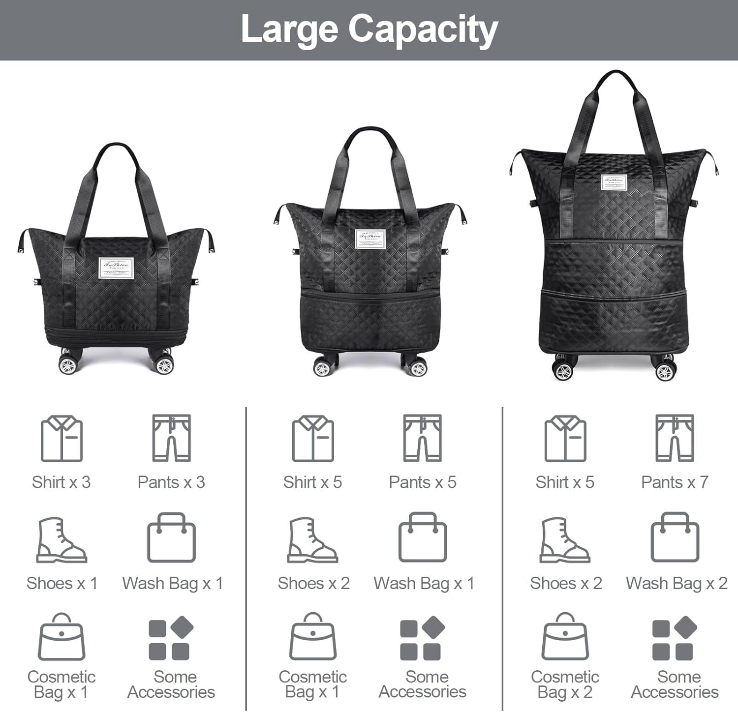LIGHTNIING HAMMERZ Rolling Duffle Bag with Wheels, Expandable Foldable Duffle Bag with Handle for Travel, Wheeled Travel Luggage Bag Carry on Duffel Bag, Black