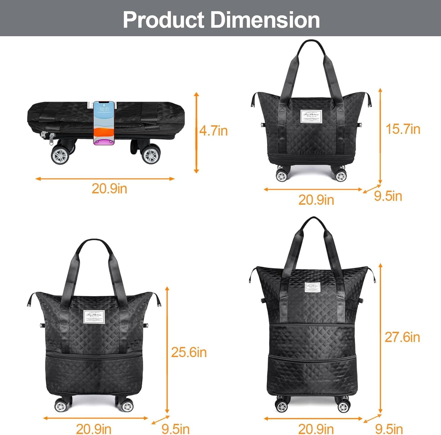 LIGHTNIING HAMMERZ Rolling Duffle Bag with Wheels, Expandable Foldable Duffle Bag with Handle for Travel, Wheeled Travel Luggage Bag Carry on Duffel Bag, Black