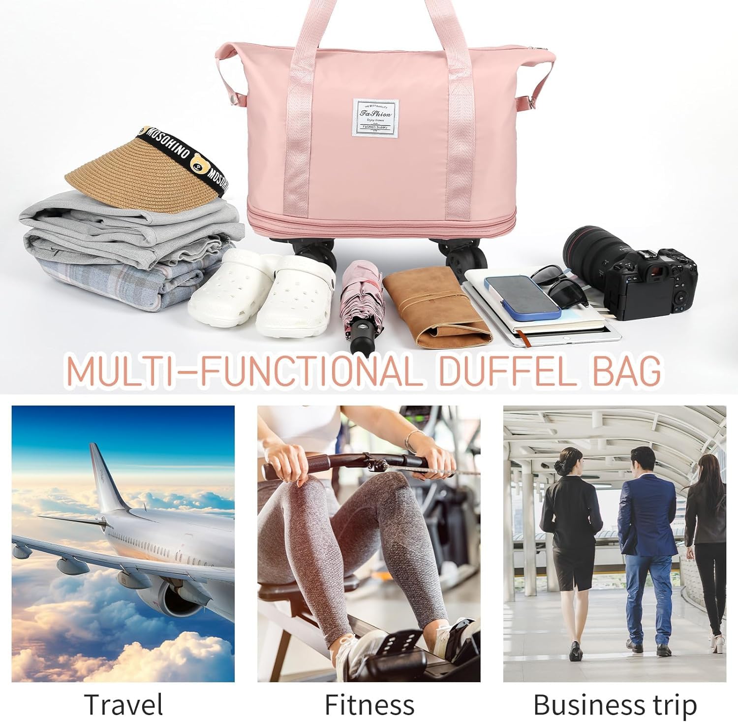 LIGHTNIING HAMMERZ Rolling Duffle Bag with Wheels, Expandable Foldable Duffle Bag with Handle for Travel, Wheeled Travel Luggage Bag Carry on Duffel Bag, Black