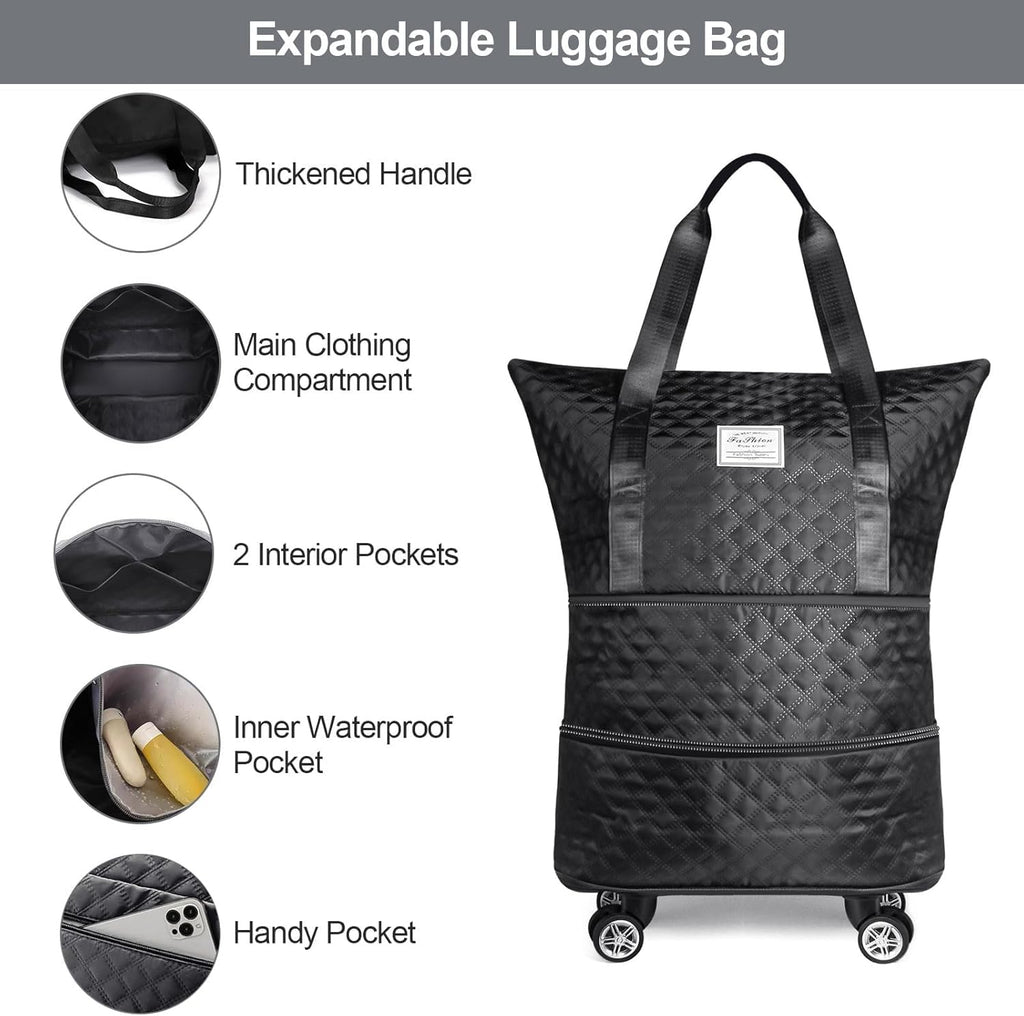 LIGHTNIING HAMMERZ Rolling Duffle Bag with Wheels, Expandable Foldable Duffle Bag with Handle for Travel, Wheeled Travel Luggage Bag Carry on Duffel Bag, Black