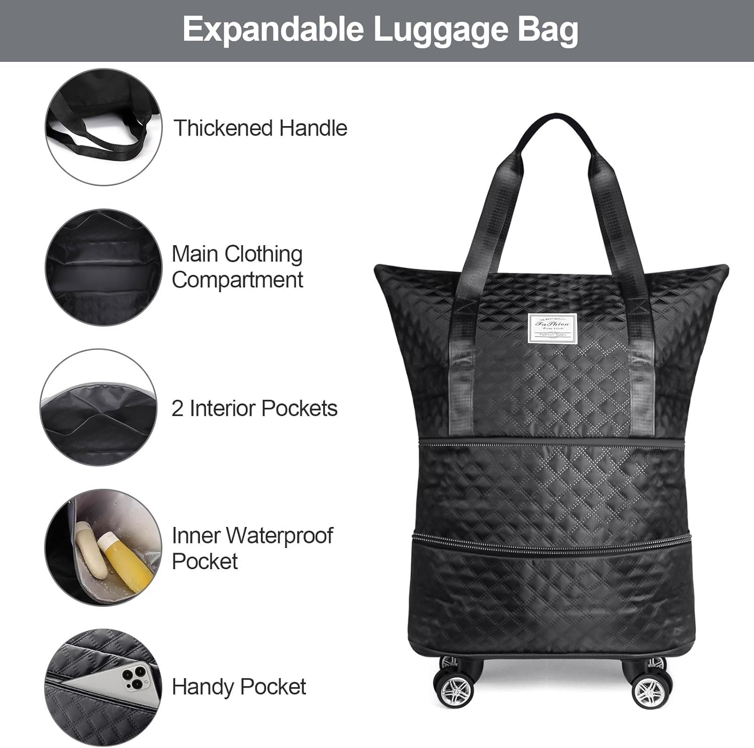 LIGHTNIING HAMMERZ Rolling Duffle Bag with Wheels, Expandable Foldable Duffle Bag with Handle for Travel, Wheeled Travel Luggage Bag Carry on Duffel Bag, Black