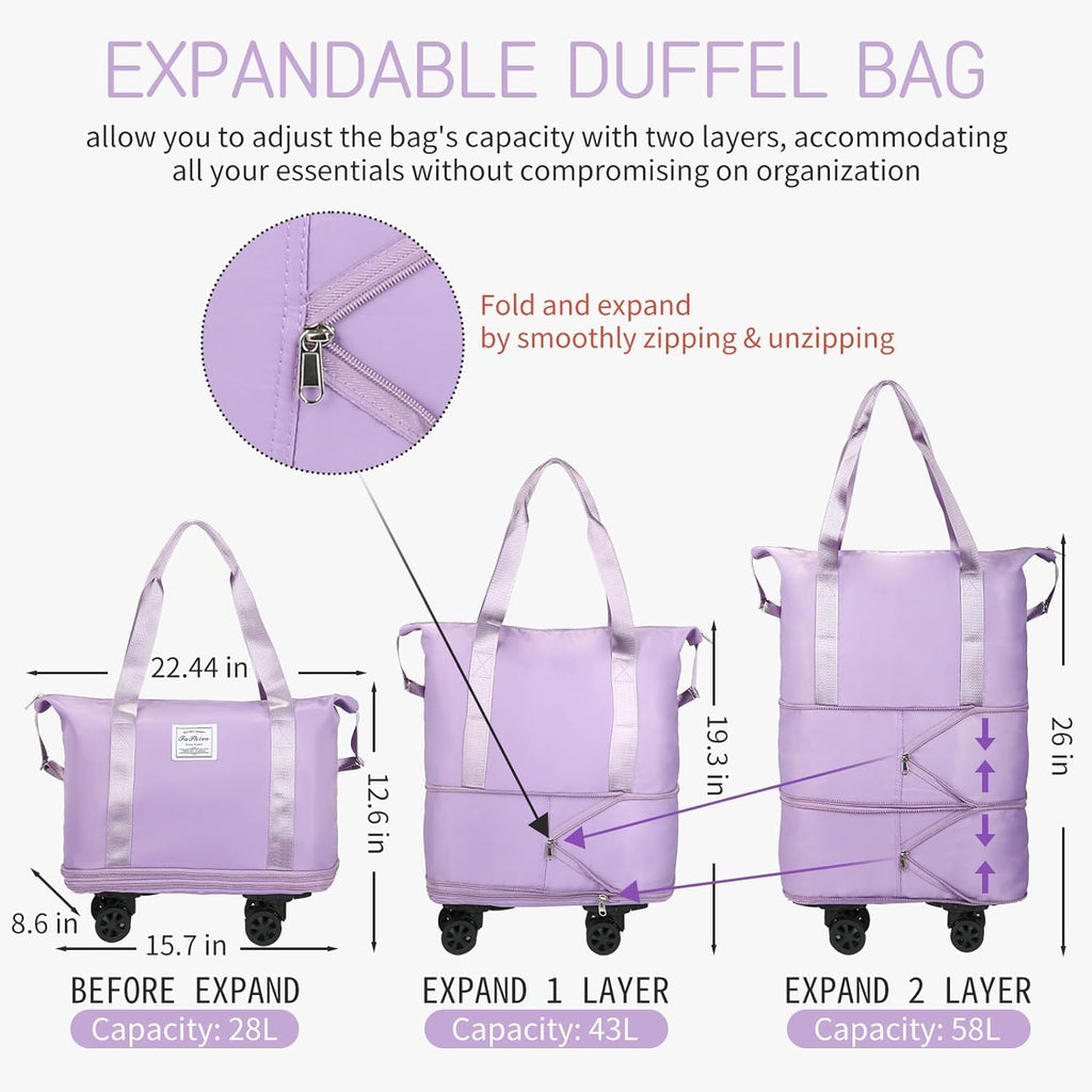 LIGHTNIING HAMMERZ Rolling Duffle Bag with Wheels, Expandable Foldable Duffle Bag with Handle for Travel, Wheeled Travel Luggage Bag Carry on Duffel Bag, Black