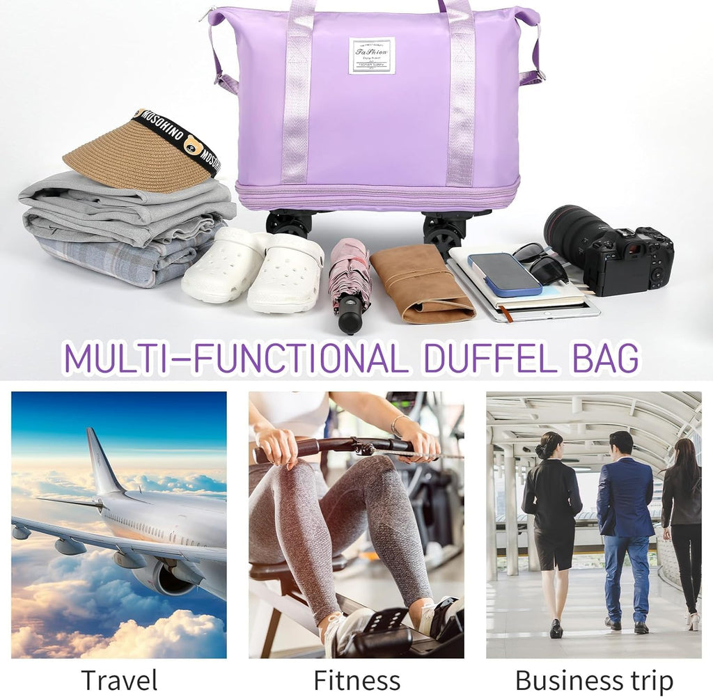 LIGHTNIING HAMMERZ Rolling Duffle Bag with Wheels, Expandable Foldable Duffle Bag with Handle for Travel, Wheeled Travel Luggage Bag Carry on Duffel Bag, Black