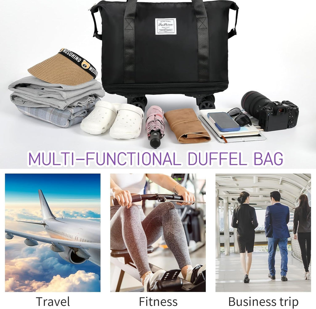 LIGHTNIING HAMMERZ Rolling Duffle Bag with Wheels, Expandable Foldable Duffle Bag with Handle for Travel, Wheeled Travel Luggage Bag Carry on Duffel Bag, Black