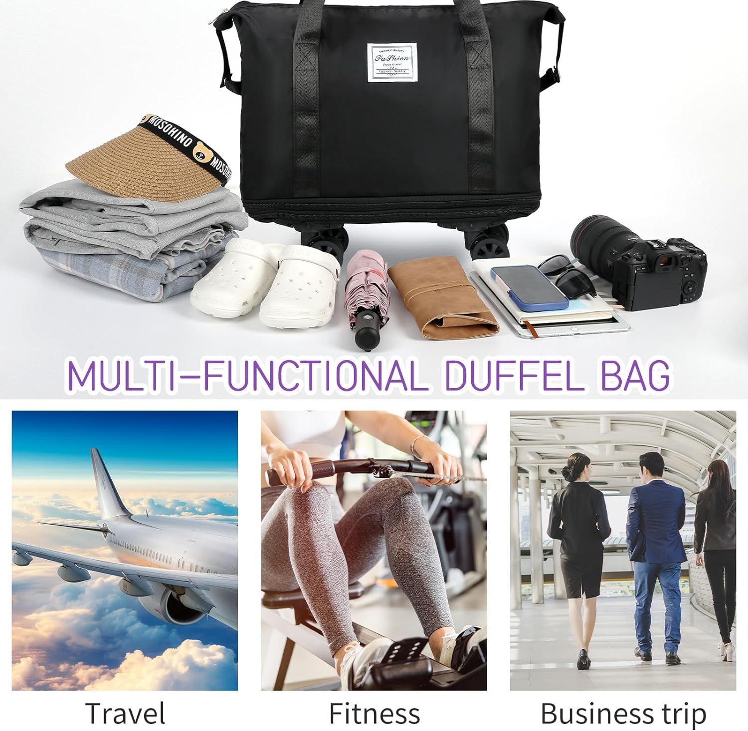 LIGHTNIING HAMMERZ Rolling Duffle Bag with Wheels, Expandable Foldable Duffle Bag with Handle for Travel, Wheeled Travel Luggage Bag Carry on Duffel Bag, Black