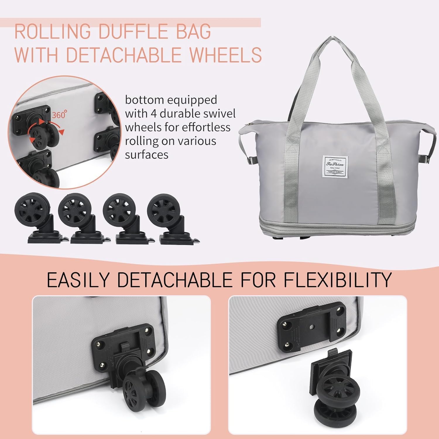 LIGHTNIING HAMMERZ Rolling Duffle Bag with Wheels, Expandable Foldable Duffle Bag with Handle for Travel, Wheeled Travel Luggage Bag Carry on Duffel Bag, Black