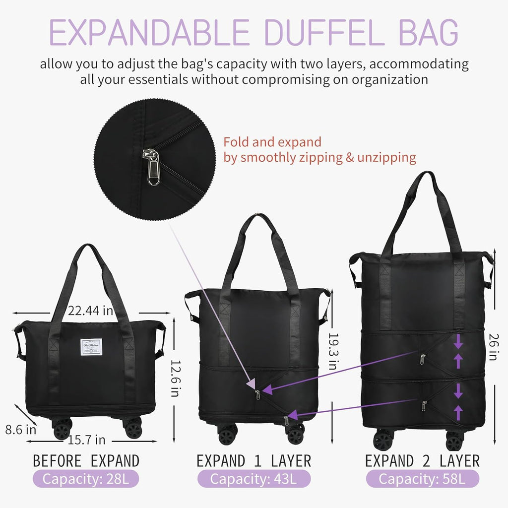 LIGHTNIING HAMMERZ Rolling Duffle Bag with Wheels, Expandable Foldable Duffle Bag with Handle for Travel, Wheeled Travel Luggage Bag Carry on Duffel Bag, Black