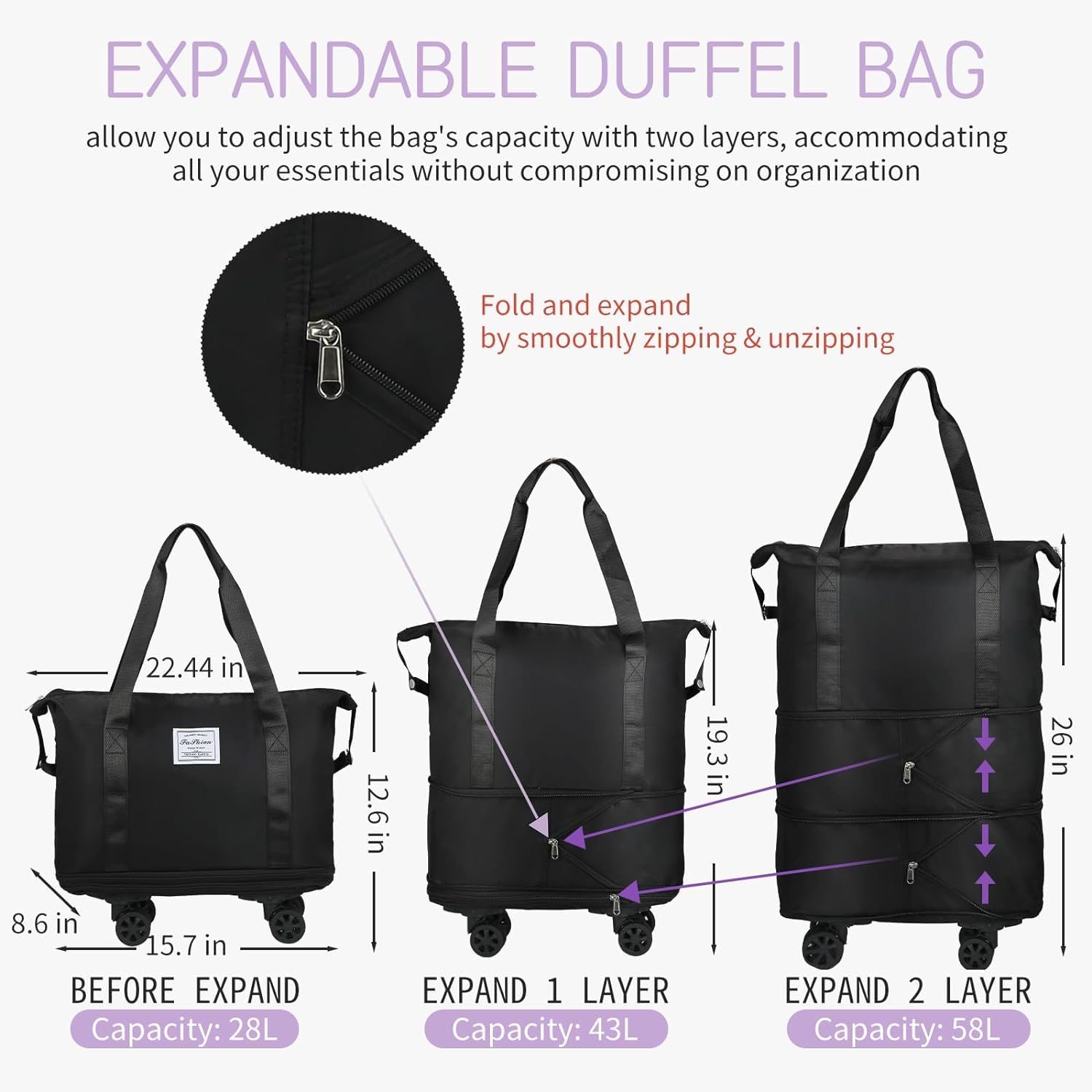 LIGHTNIING HAMMERZ Rolling Duffle Bag with Wheels, Expandable Foldable Duffle Bag with Handle for Travel, Wheeled Travel Luggage Bag Carry on Duffel Bag, Black